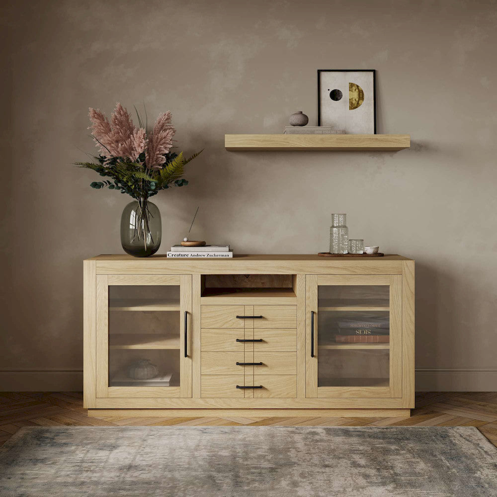 Jofran - Auburn Hills 60in Contemporary Media Console with Tempered Glass Doors, Drawers and Adjustable Shelves in Light Oak - 2498-60 view 1
