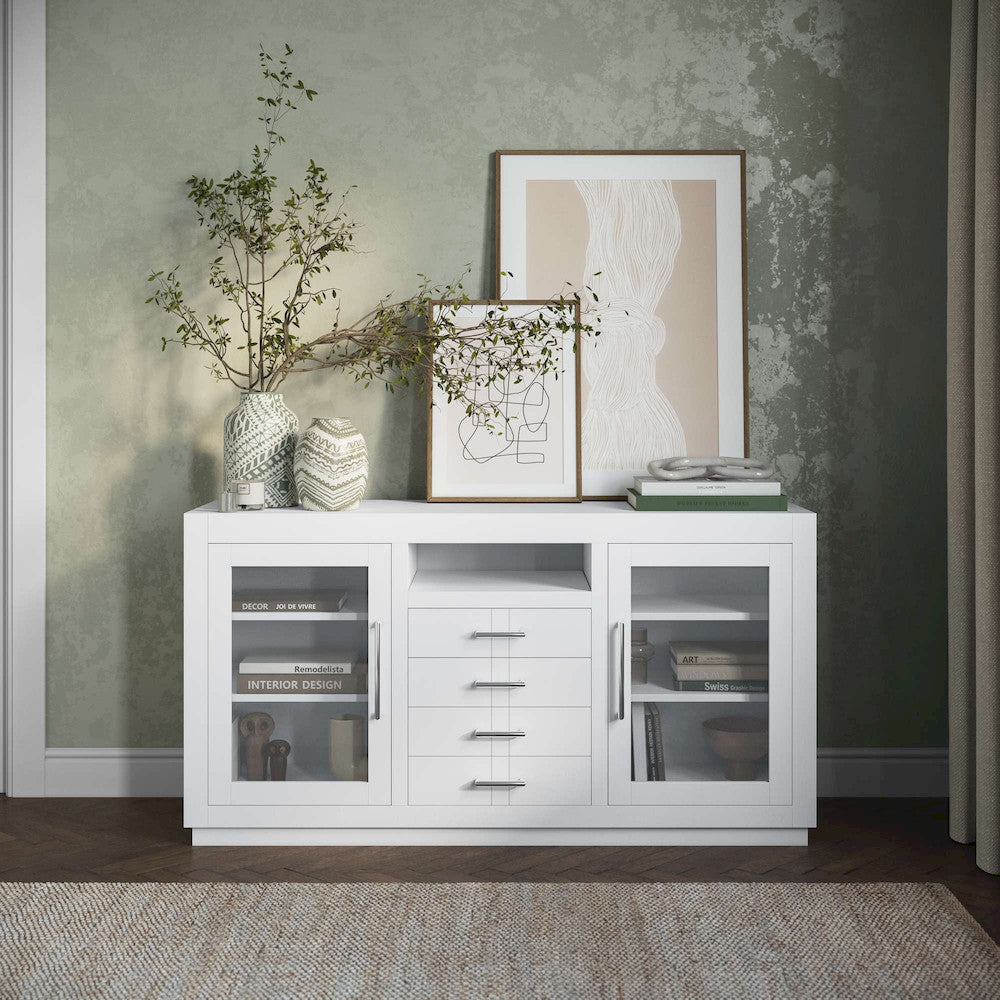 Jofran - Auburn Hills 60in Contemporary Media Console with Tempered Glass Doors, Drawers and Adjustable Shelves in White - 2497-60 view 9