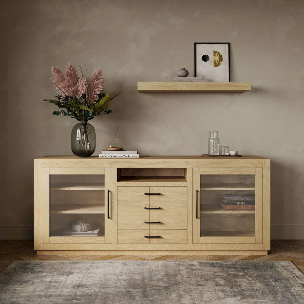 Jofran - Auburn Hills 70in Contemporary Media Console with Tempered Glass Doors, Drawers and Adjustable Shelves in Light Oak - 2498-70 view 10
