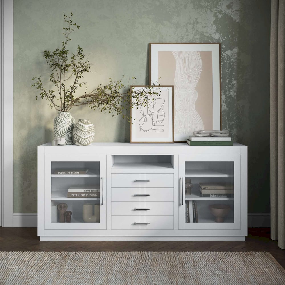 Jofran - Auburn Hills 70in Contemporary Media Console with Tempered Glass Doors, Drawers and Adjustable Shelves in White - 2497-70 view 9