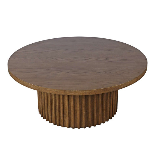 Jofran - Auden 40in Round Mid-Century Modern Fluted Pedestal Base Coffee Table with Caster Wheels in Chestnut - 2420-2TBCHSKT view 2