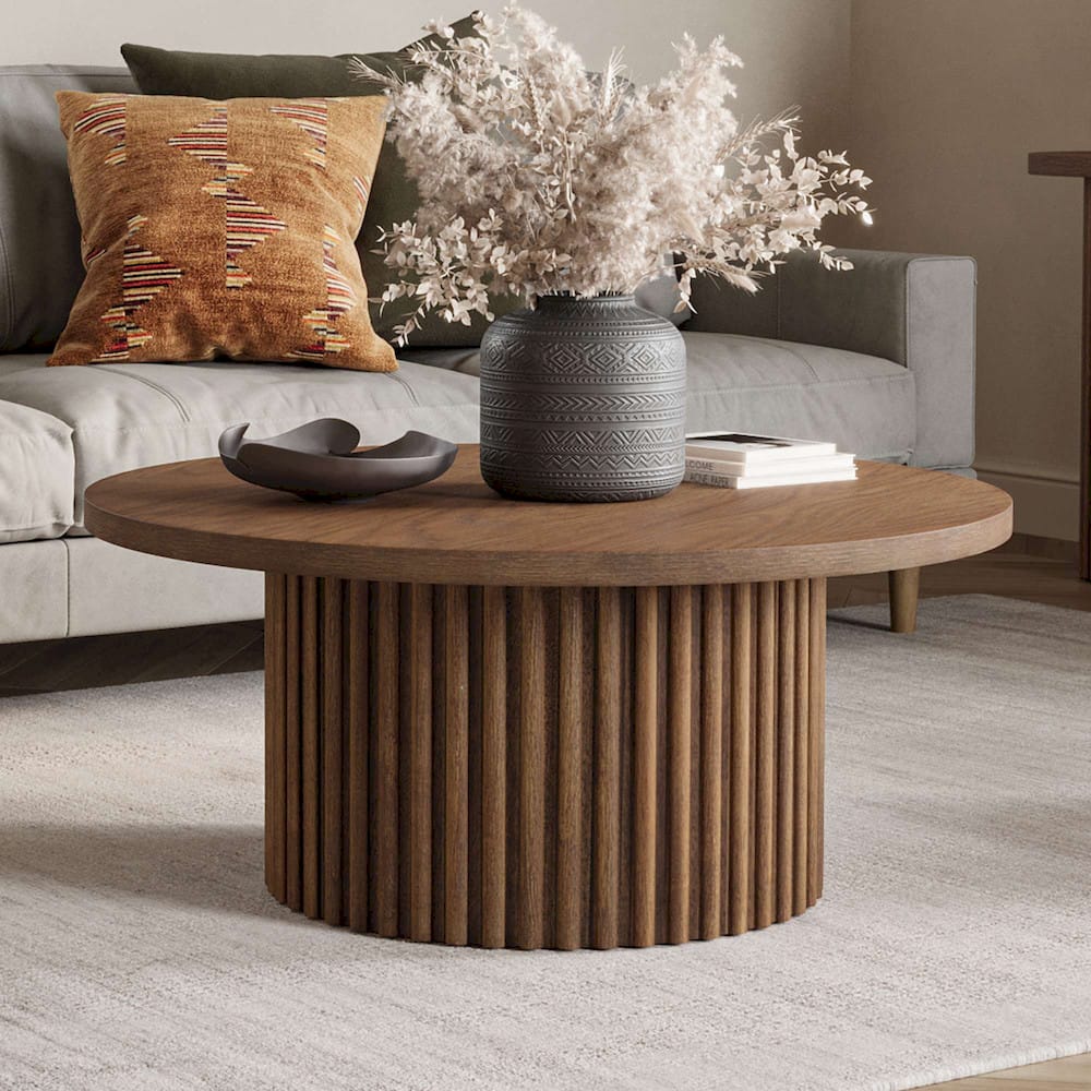 Jofran - Auden 40in Round Mid-Century Modern Fluted Pedestal Base Coffee Table with Caster Wheels in Chestnut - 2420-2TBCHSKT view 10