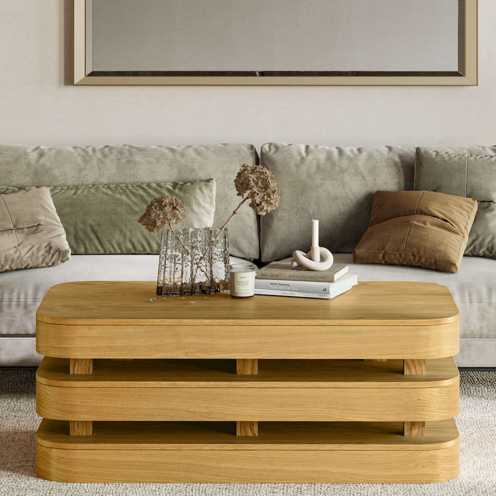 Jofran - Brix Mid-Century Modern Floating Sculpture Layered Coffee Table with Caster Wheels - 2370-1OAK view 9