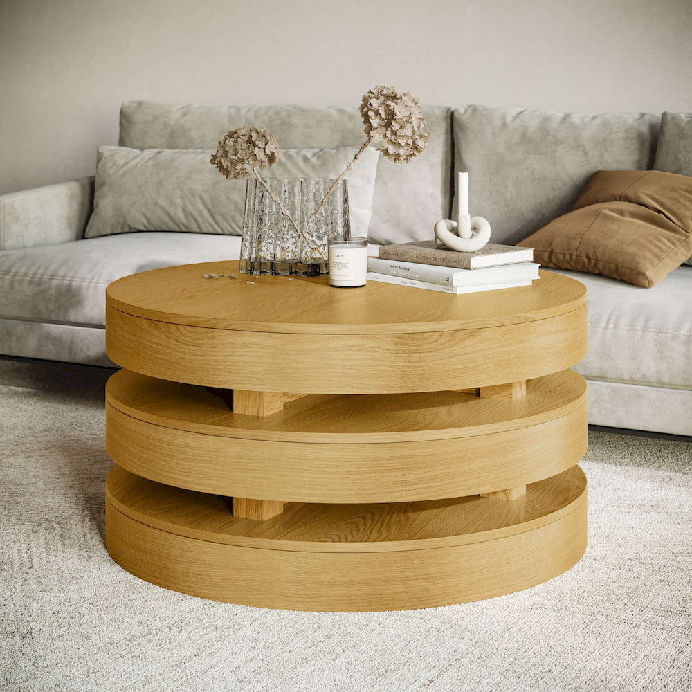 Jofran - Brix Mid-Century Modern Floating Sculpture Round Layered Coffee Table with Caster Wheels - 2370-2OAK view 9