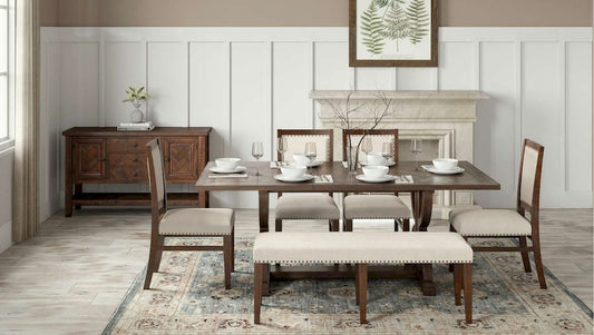 Jofran - Fairview Mid-Century Distressed 78in Six-Piece Upholstered Dining Set with Bench - 1931-78D-6 view 2