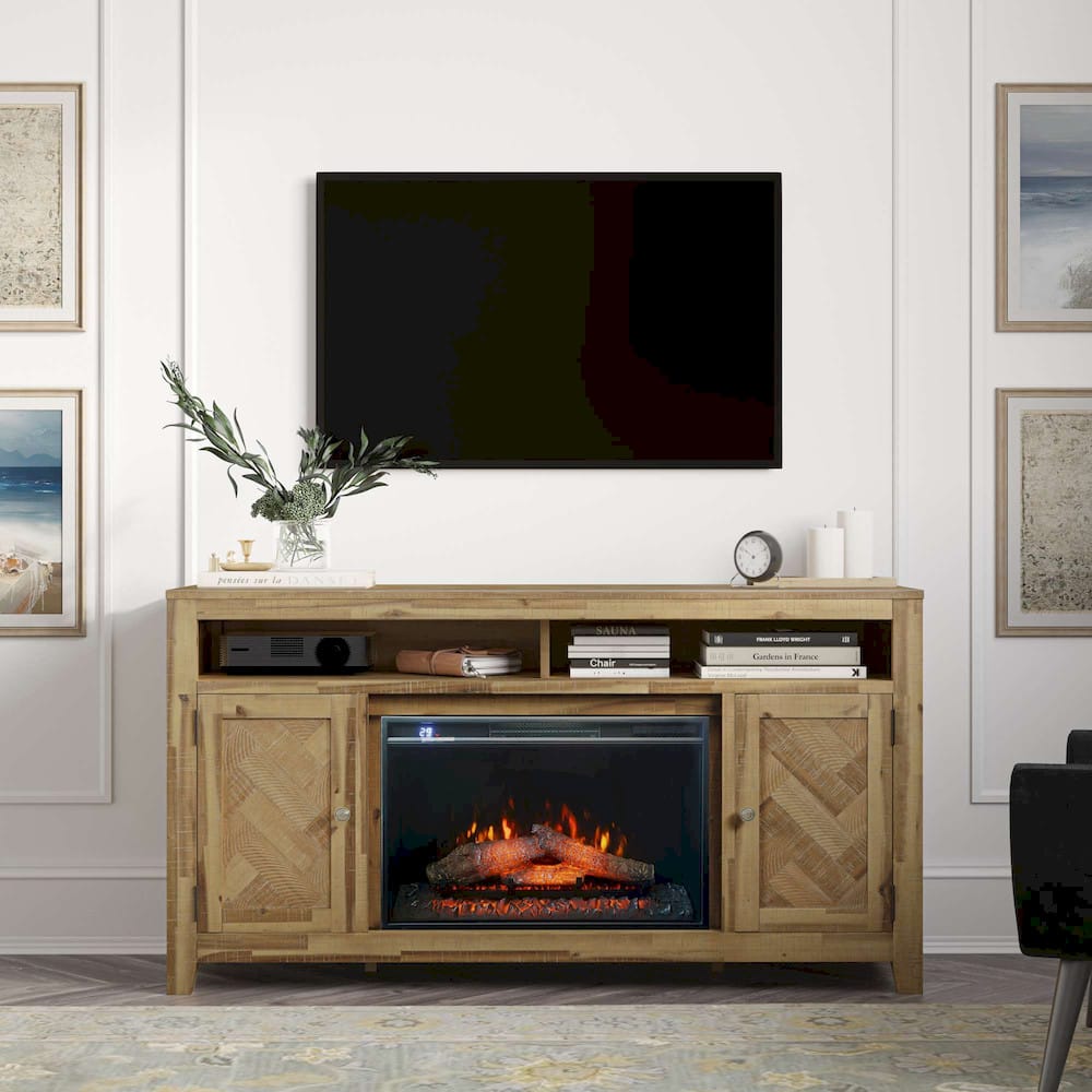 Jofran - Fairview Modern Transitional 60in Chevron Fireplace Storage Console TV Stand with Electric Fireplace, Bryce Light Brown - 2338-FP6032 view 10