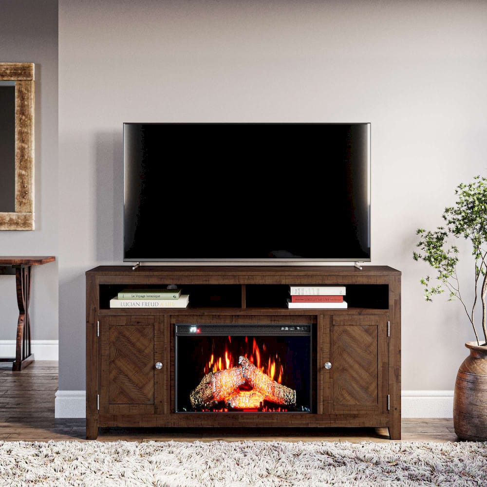 Jofran - Fairview Modern Transitional 60in Chevron Fireplace Storage Console TV Stand with Electric Fireplace, Oak Dark Brown - 1932-FP6032 view 14