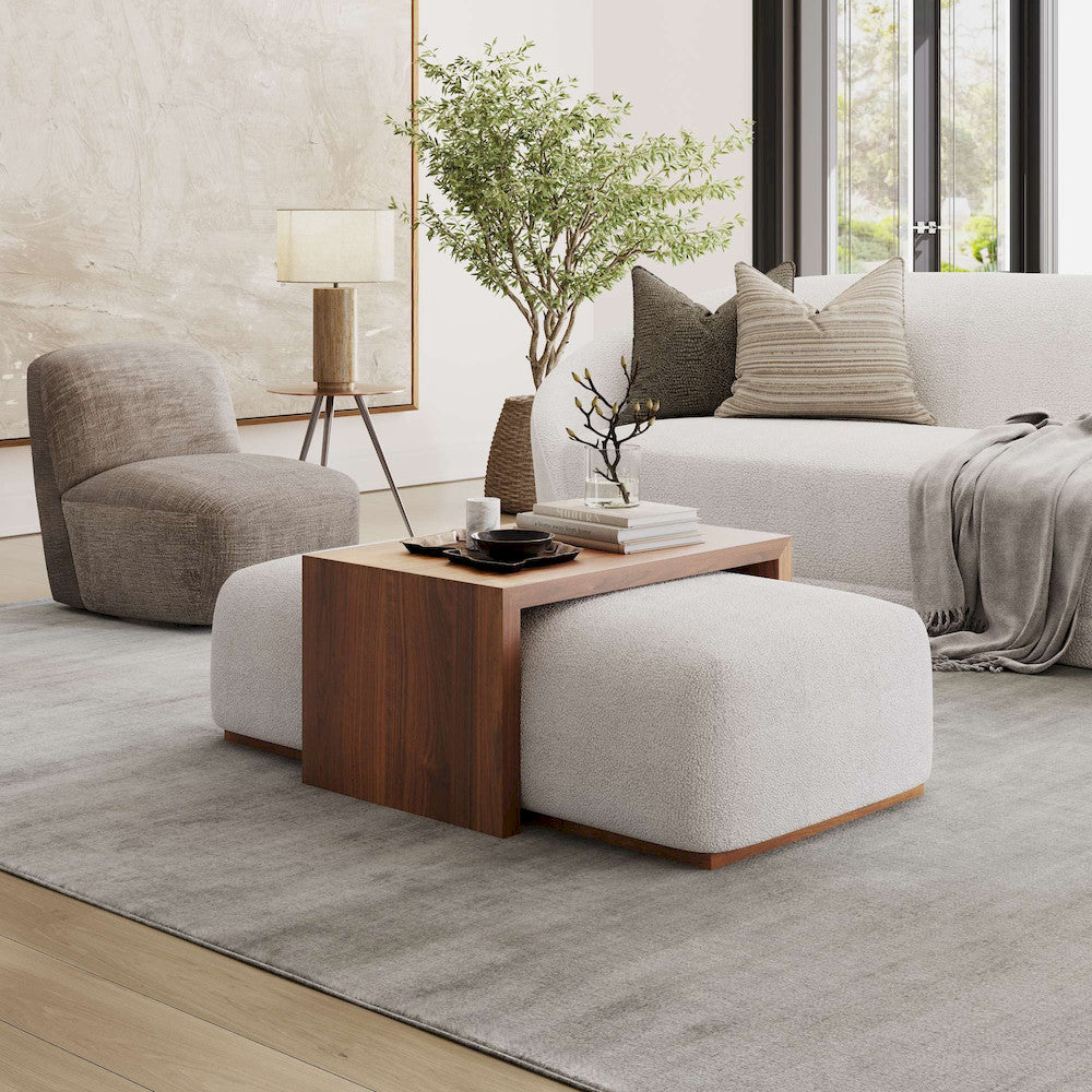 Jofran - Hudson 48in Modern Luxury Ivory Boucle Upholstered Sliding Ottoman with Caster Wheels and Coffee Table Top - 2376-48 view 10