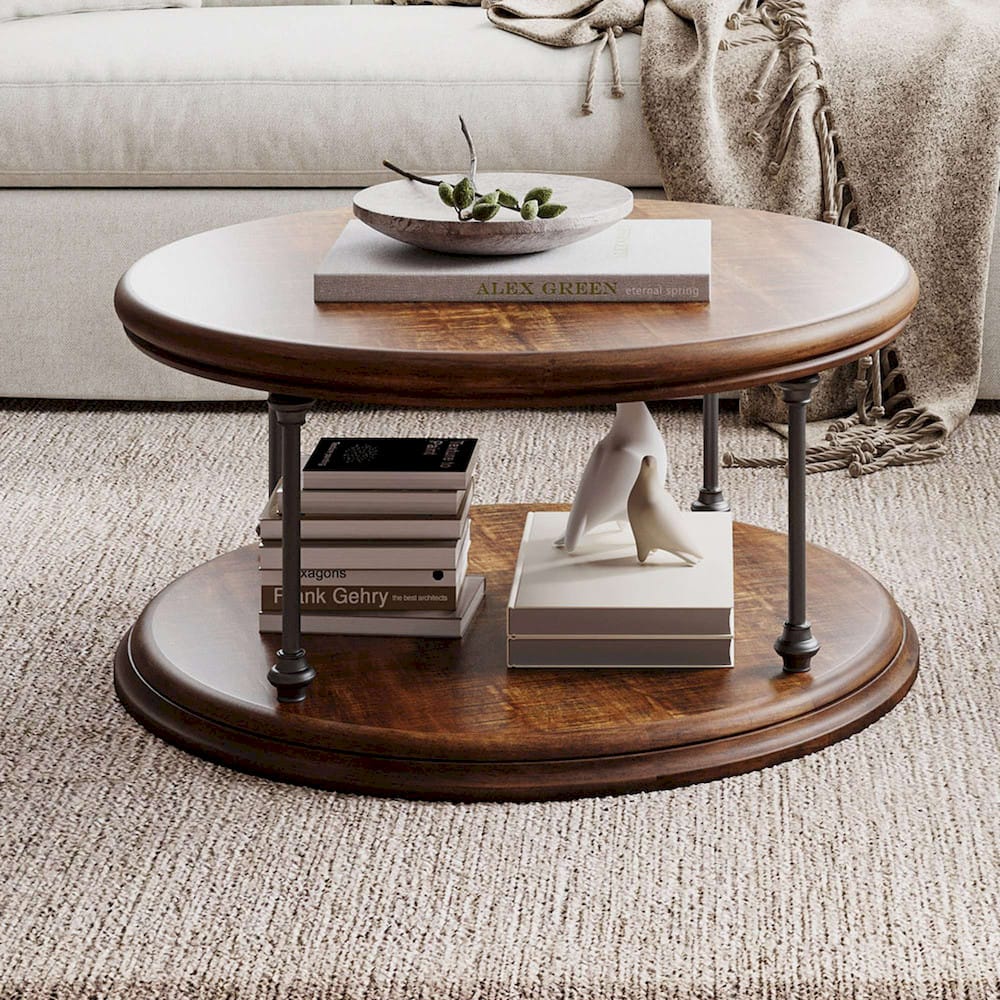 Jofran - Larson Modern Industrial 36in Round Solid Wood Coffee Table with Shelf, Distressed Brown - 2222-2 view 10