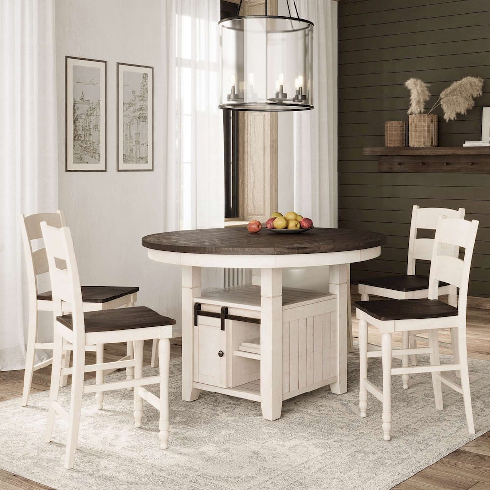 Jofran - Madison County Rustic Farmhouse Five Piece Reclaimed Solid Wood Counter Height Round Dining Set with Ladderback Barstools - 1706-54C-4-BS401KD view 12