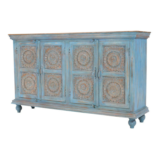 Jofran - Marchand 71in Solid Wood Boho Distressed Sideboard Cabinet with Artisan Carved Doors in Antique Blue - 2345-71 view 2