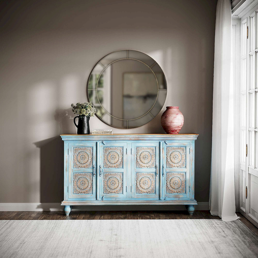 Jofran - Marchand 71in Solid Wood Boho Distressed Sideboard Cabinet with Artisan Carved Doors in Antique Blue - 2345-71 view 13