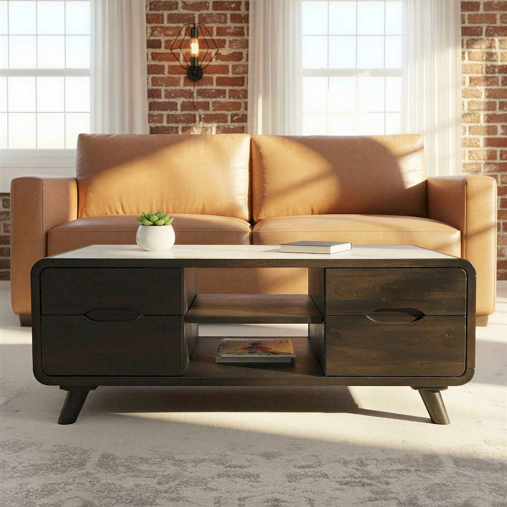 Jofran - Marlowe Mid-Century Modern 48in Curved Coffee Table with Storage Drawers, Dark Brown - 2240-5 view 11