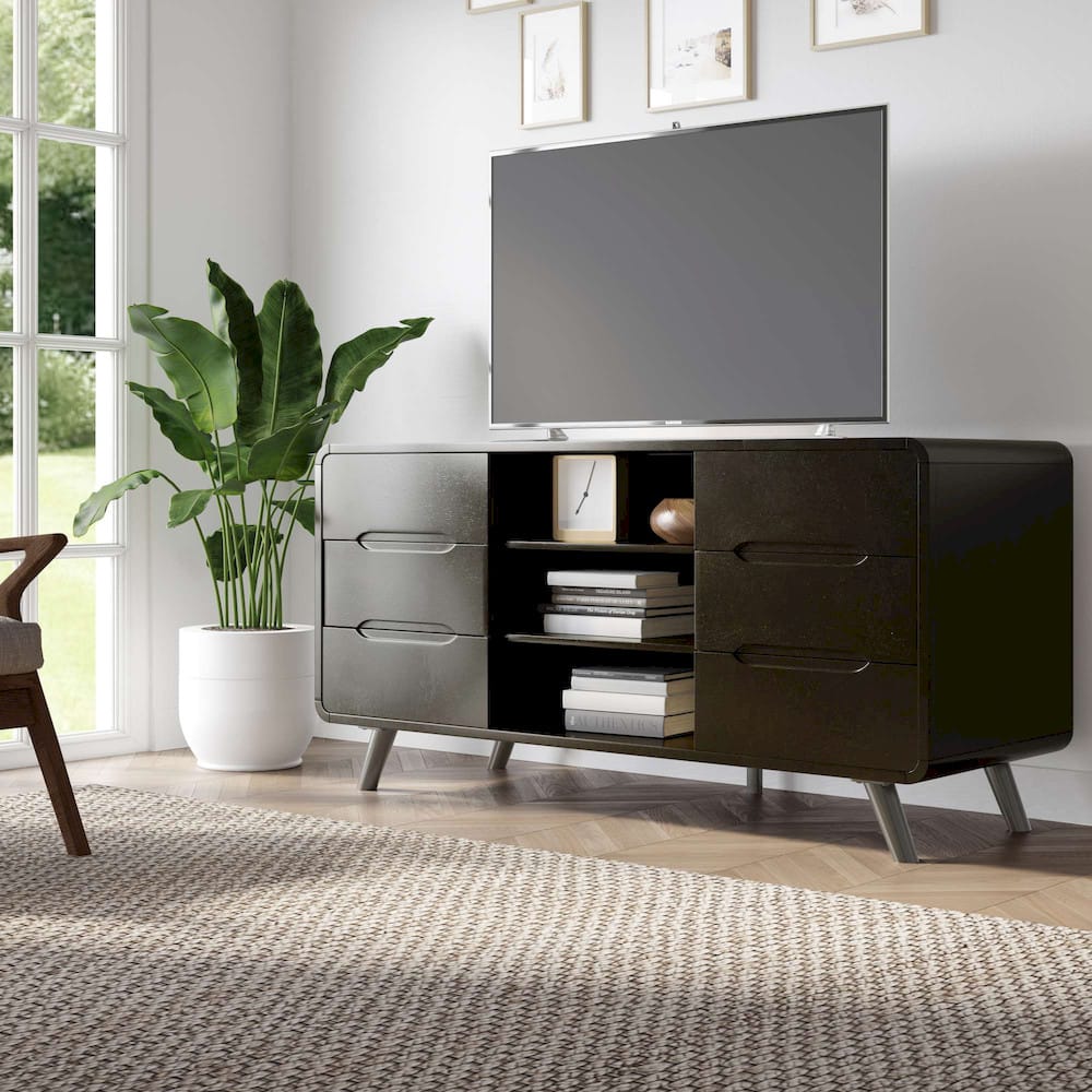 Jofran - Marlowe Mid-Century Modern 64in Curved Media Console TV Stand with Tapered Legs and Storage Drawers, Dark Brown - 2242-64 view 10