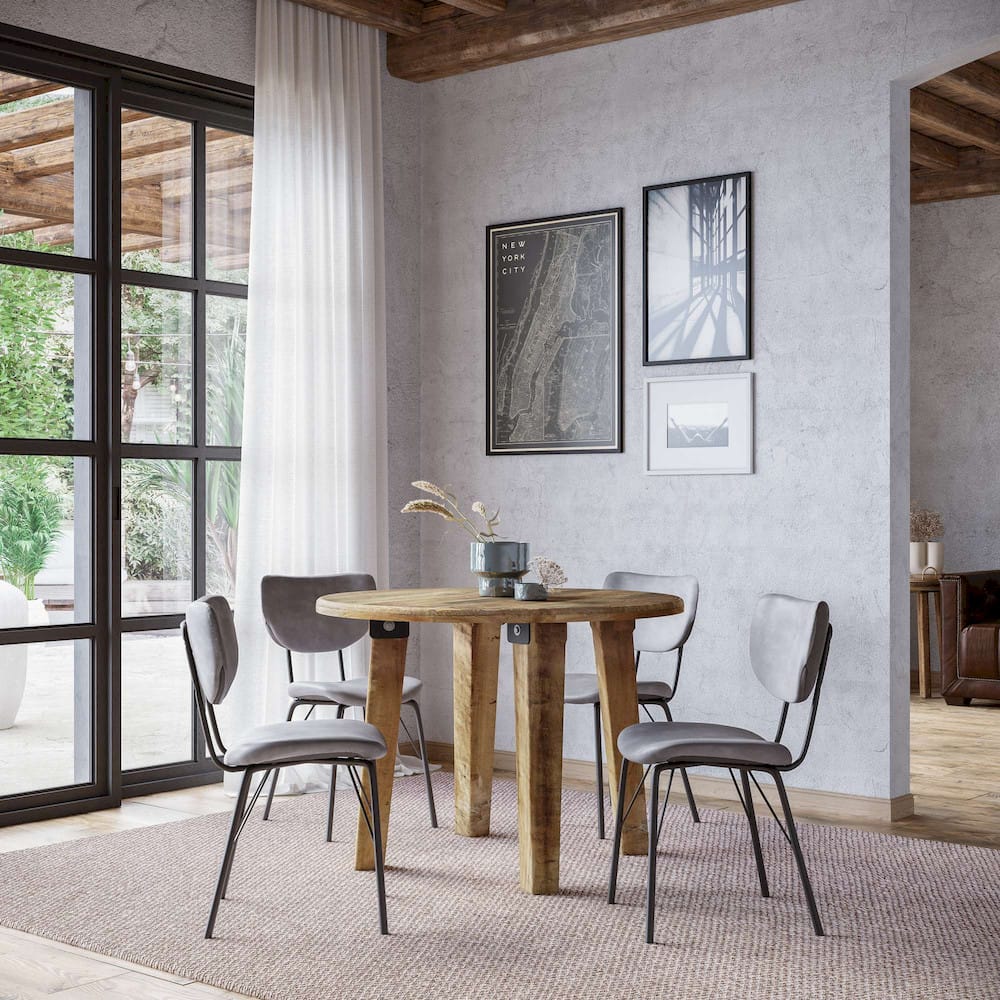 Jofran - Reclamation Five Piece Round Rustic Reclaimed Solid Wood Round Dining Set with Upholstered Chairs - 2301-RND-4-OWNCHGRY view 11