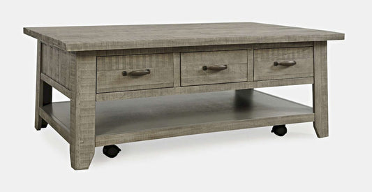 Jofran - Telluride Rustic Distressed Acacia 50in Coffee Table with Caster Wheels and Pull-Through Drawers, Driftwood Grey - 2230-11 view 2