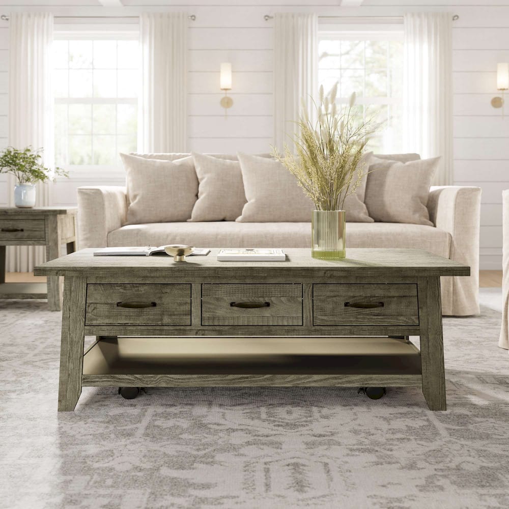Jofran - Telluride Rustic Distressed Acacia 50in Coffee Table with Caster Wheels and Pull-Through Drawers, Driftwood Grey - 2230-11 view 11
