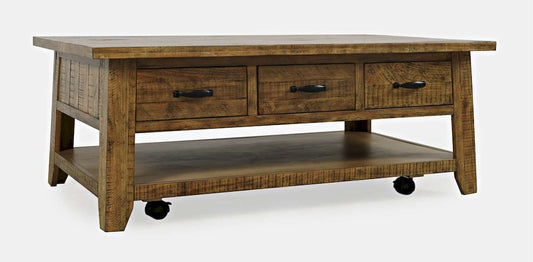 Jofran - Telluride Rustic Distressed Acacia 50in Coffee Table with Caster Wheels and Pull-Through Drawers, Gold - 1800-11 view 2