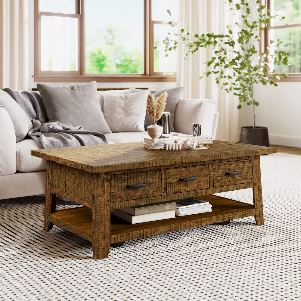 Jofran - Telluride Rustic Distressed Acacia 50in Coffee Table with Caster Wheels and Pull-Through Drawers, Gold - 1800-11 view 11