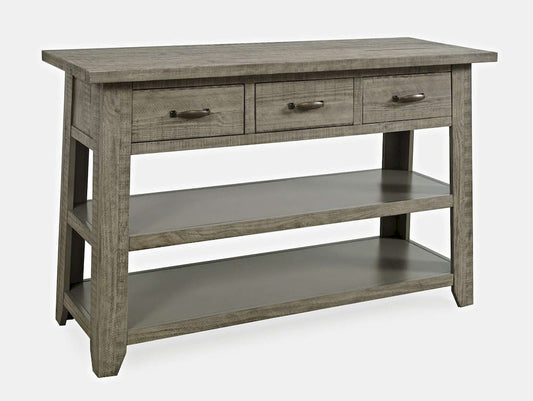 Jofran - Telluride Rustic Distressed Acacia 50in Sofa Table with Drawers and Two Shelves, Driftwood Grey - 2230-14 view 2
