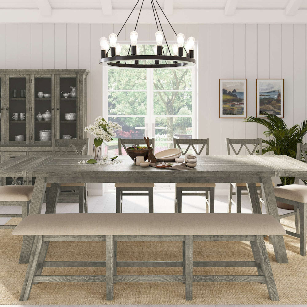 Jofran - Telluride Rustic Distressed Pine Upholstered 85in Counter Height Bench, Driftwood Grey - 2231-BS85KD view 8