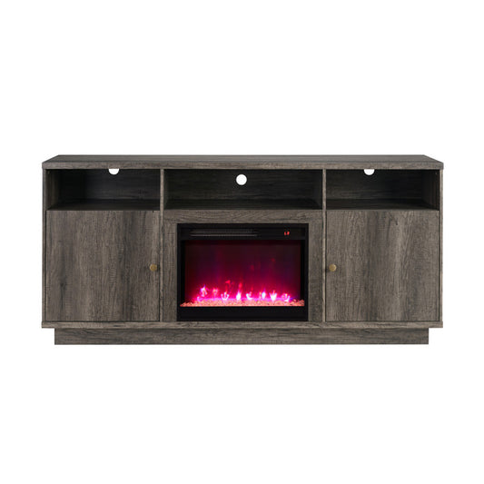 Lilola Home - Ambrose 70"W Gray Walnut Finish Fireplace TV Stand Console with Heater, LED Light, Cabinets, Shelves - 97041