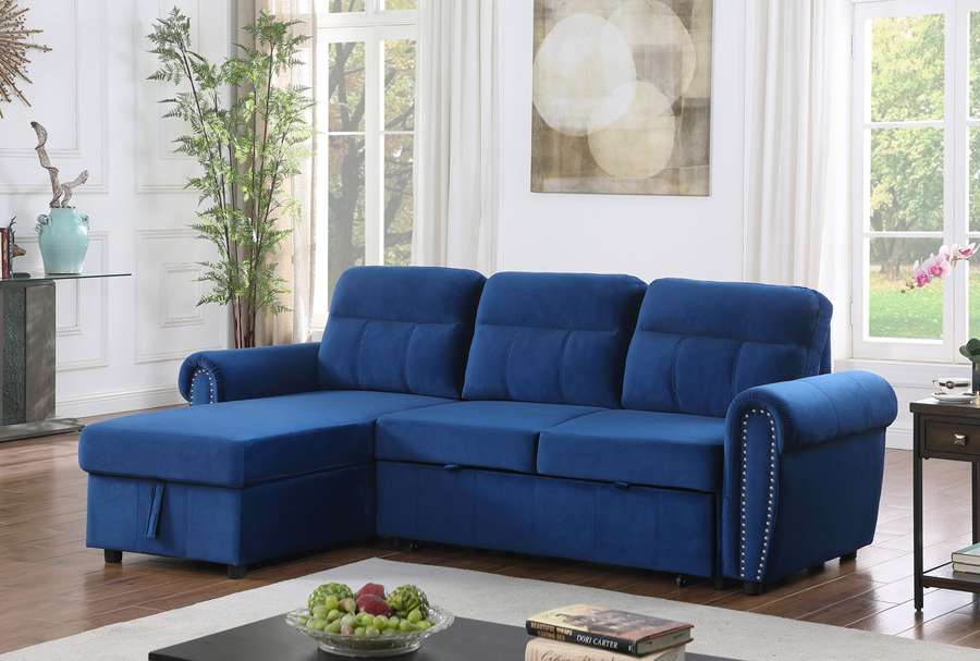 Lilola Home - Ashton Blue Velvet Fabric Reversible Sleeper Sectional Sofa Chaise - 87800BU veiw 6