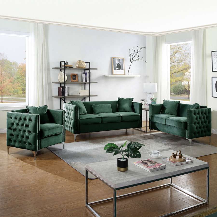 Lilola Home - Bayberry Green Velvet Sofa Loveseat Chair Living Room Set - 89634GN veiw 2