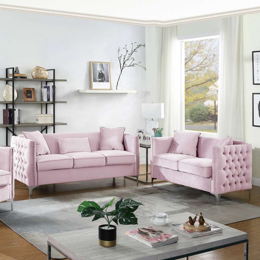 Lilola Home - Bayberry Pink Velvet Sofa Loveseat Living Room Set - 89634PK-SL veiw 2