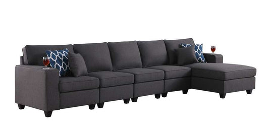 Lilola Home - Cooper Dark Gray Linen 5Pc Sectional Sofa Chaise with Cupholder - 89132-9 veiw 2