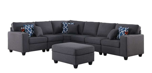 Lilola Home - Cooper Dark Gray Linen 7Pc Reversible L-Shape Sectional Sofa with Ottoman and Cupholder - 89132-2A veiw 2