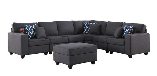 Lilola Home - Cooper Dark Gray Linen 7Pc Reversible L-Shape Sectional Sofa with Ottoman and Cupholder - 89132-2C veiw 2