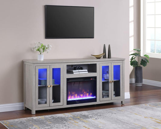 Lilola Home - Ellington 70inW White Walnut Finish Fireplace TV Stand Console with LED Light, Cabinets, Shelves - 97036 veiw 2