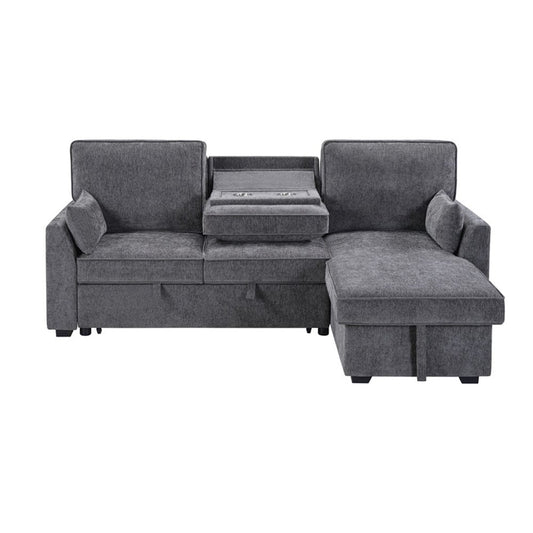 Lilola Home - Emmy 89"W Dark Gray Fabric Sleeper Sectional Sofa with Reversible Storage Chaise, USB & USB-C Charging Ports, Cupholders, Pillows - A87717