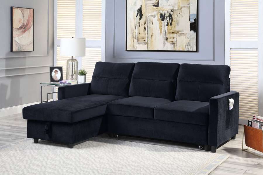 Lilola Home - Ivy Black Velvet Reversible Sleeper Sectional Sofa with Storage Chaise and Side Pocket - 89331 veiw 6