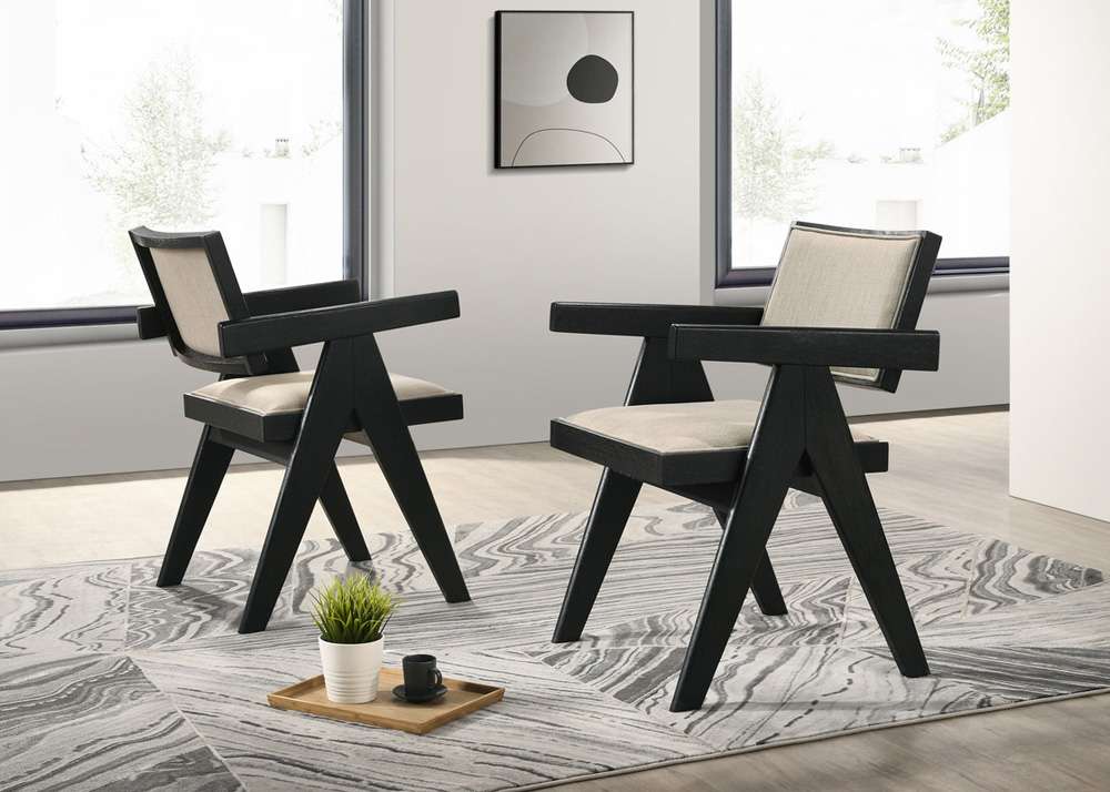 Lilola Home - Jasper 21inW Set of 2 Ebony Black Dining Arm Chairs with Beige Upholstered Seat - 30023-C veiw 5