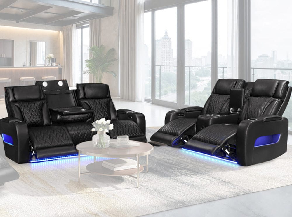 Lilola Home - Jazz Black Leather Aire Transformer Power Reclining Sofa & Loveseat Living Room Set with Power Headrest, Bluetooth Speakers, LED Lights, Wireless Charging Drop-Down Table, USB & USB-C Ports, Storage & Cupholders - 81640-SL