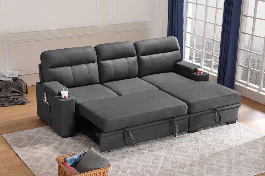Lilola Home - Kaden Gray Fabric Sleeper Sectional Sofa Chaise with Storage Arms and Cupholder - 89620 veiw 6