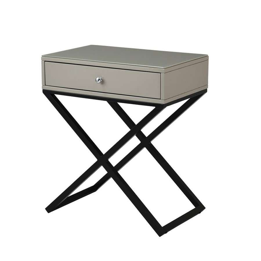 Lilola Home - Koda Taupe Wooden End Side Table Nightstand with Glass Top, Drawer and Metal Cross Base - 98002TP veiw 1