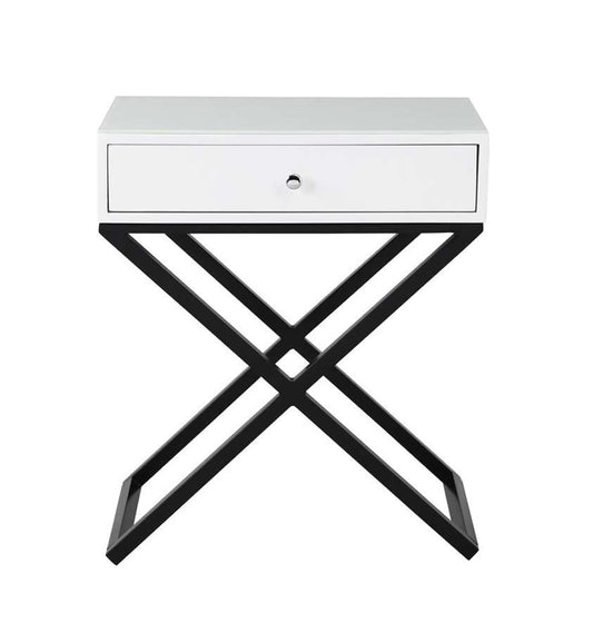 Lilola Home - Koda White Wooden End Side Table Nightstand with Glass Top, Drawer and Metal Cross Base - 98002WT veiw 2