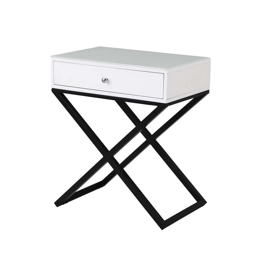 Lilola Home - Koda White Wooden End Side Table Nightstand with Glass Top, Drawer and Metal Cross Base - 98002WT veiw 6