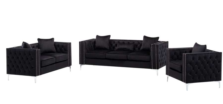 Lilola Home - Lorreto Black Velvet Fabric Sofa Loveseat Chair Living Room Set - 89714 veiw 2