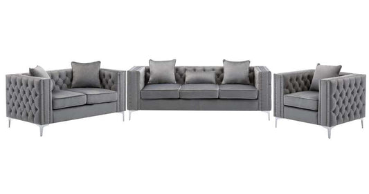 Lilola Home - Lorreto Gray Velvet Fabric Sofa Loveseat Chair Living Room Set - 89715 veiw 2