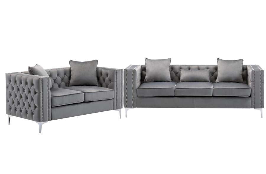 Lilola Home - Lorreto Gray Velvet Fabric Sofa Loveseat Living Room Set - 89715-SL veiw 2