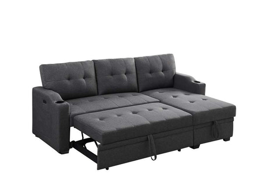 Lilola Home - Mabel Dark Gray Linen Fabric Sleeper Sectional with cupholder, USB charging port and pocket - 81510 veiw 2