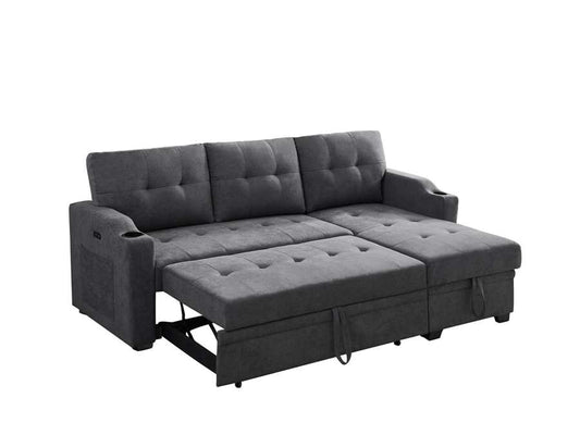 Lilola Home - Mabel Dark Gray Woven Fabric Sleeper Sectional with cupholder, USB charging port and pocket - 81514 veiw 2