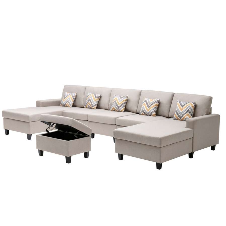 Lilola Home - Nolan Beige Linen Fabric 6Pc Double Chaise Sectional Sofa with Interchangeable Legs, Storage Ottoman, and Pillows - 89420-24 veiw 6
