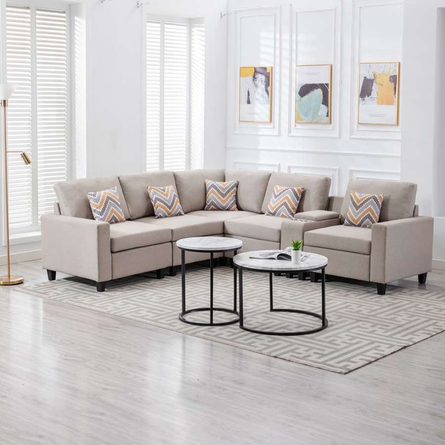 Lilola Home - Nolan Beige Linen Fabric 6Pc Reversible Sectional Sofa with a USB, Charging Ports, Cupholders, Storage Console Table and Pillows and Interchangeable Legs - 89420-2A veiw 6
