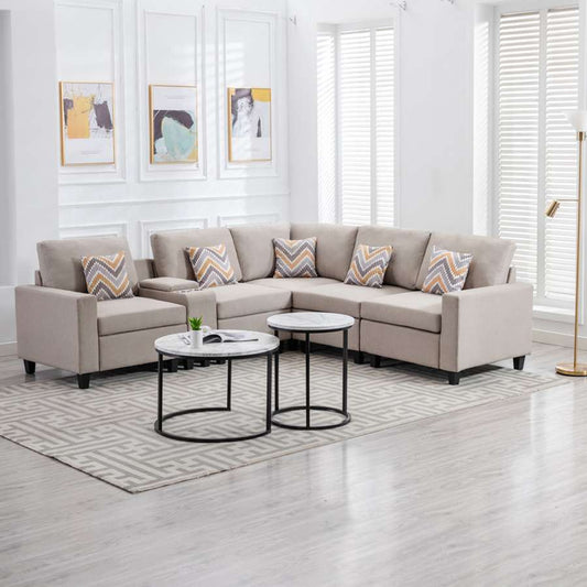 Lilola Home - Nolan Beige Linen Fabric 6Pc Reversible Sectional Sofa with a USB, Charging Ports, Cupholders, Storage Console Table and Pillows and Interchangeable Legs - 89420-2B veiw 2