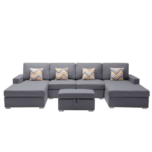 Lilola Home - Nolan Gray Linen Fabric 5Pc Double Chaise Sectional Sofa with Interchangeable Legs, Storage Ottoman, and Pillows - 89425-23 veiw 2